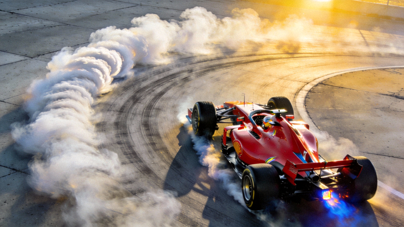F1赛车在弯道中疾驰，轮胎与地面摩擦产生烟雾